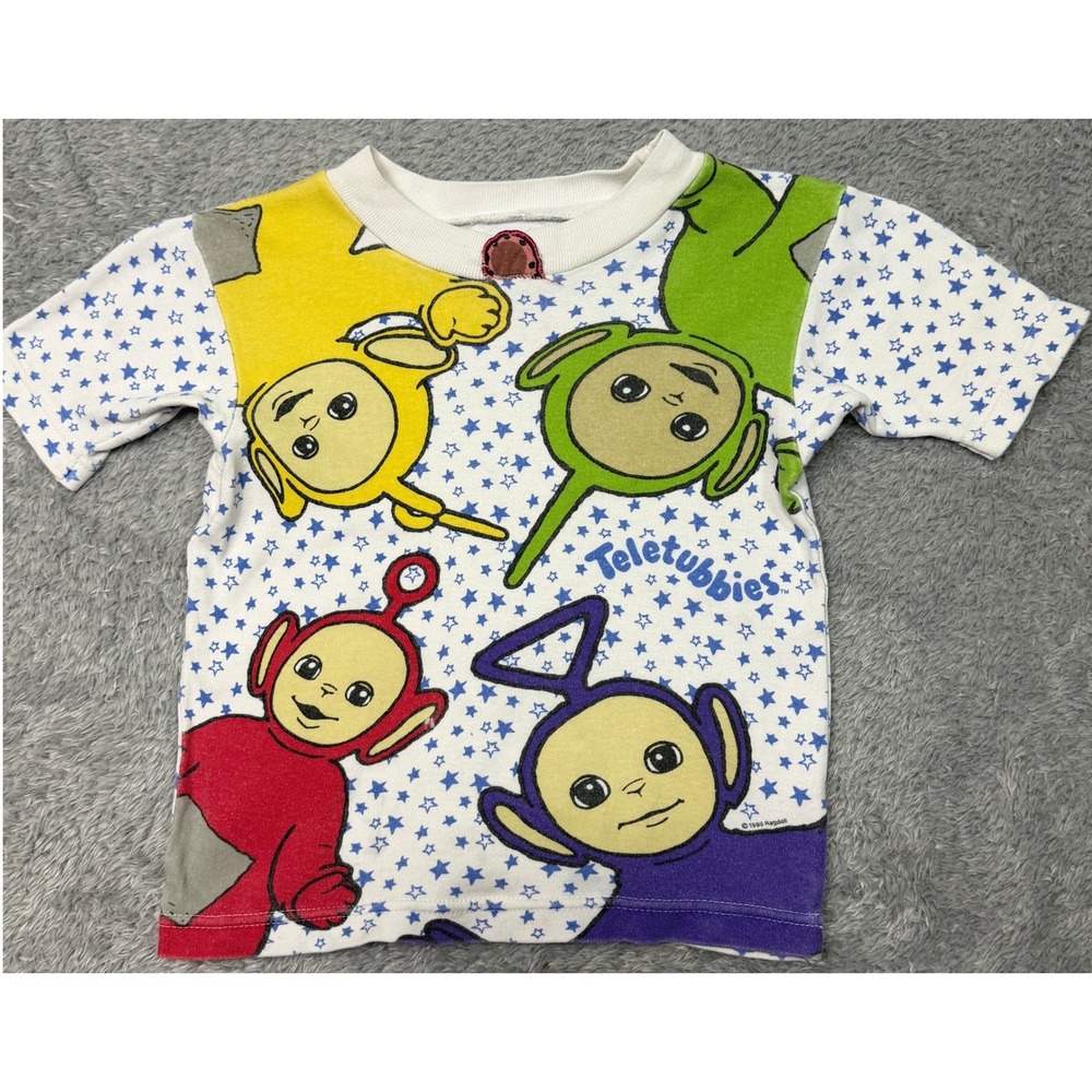 Vintage Teletubbies T Shirt Kids 4T White 1999 AOP All Over Print Stars Tee 90s